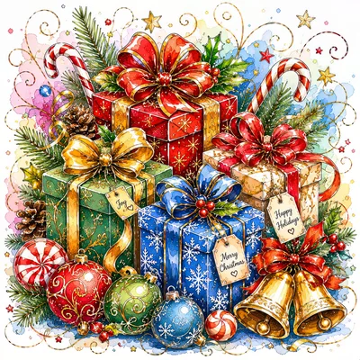 Festive Christmas Gift Boxes With Ornaments And Decorations