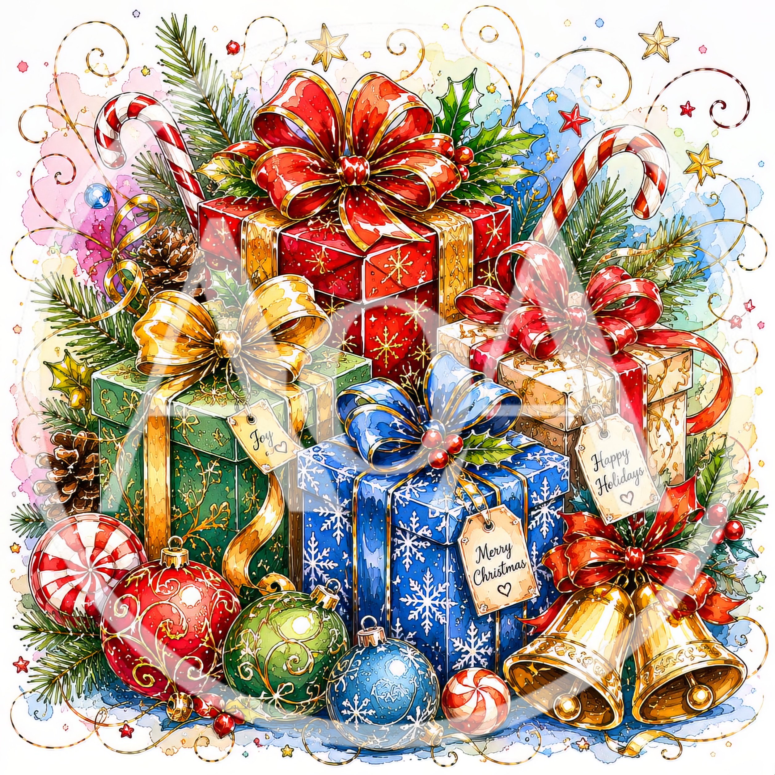 Festive Christmas Gift Boxes With Ornaments And Decorations