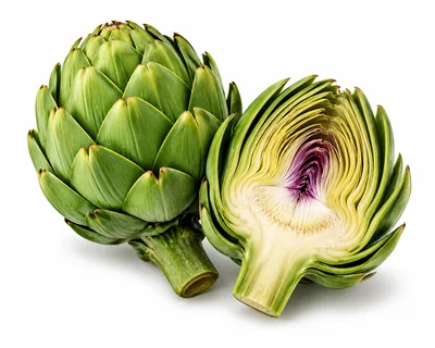 Whole And Halved Fresh Green Globe Artichokes