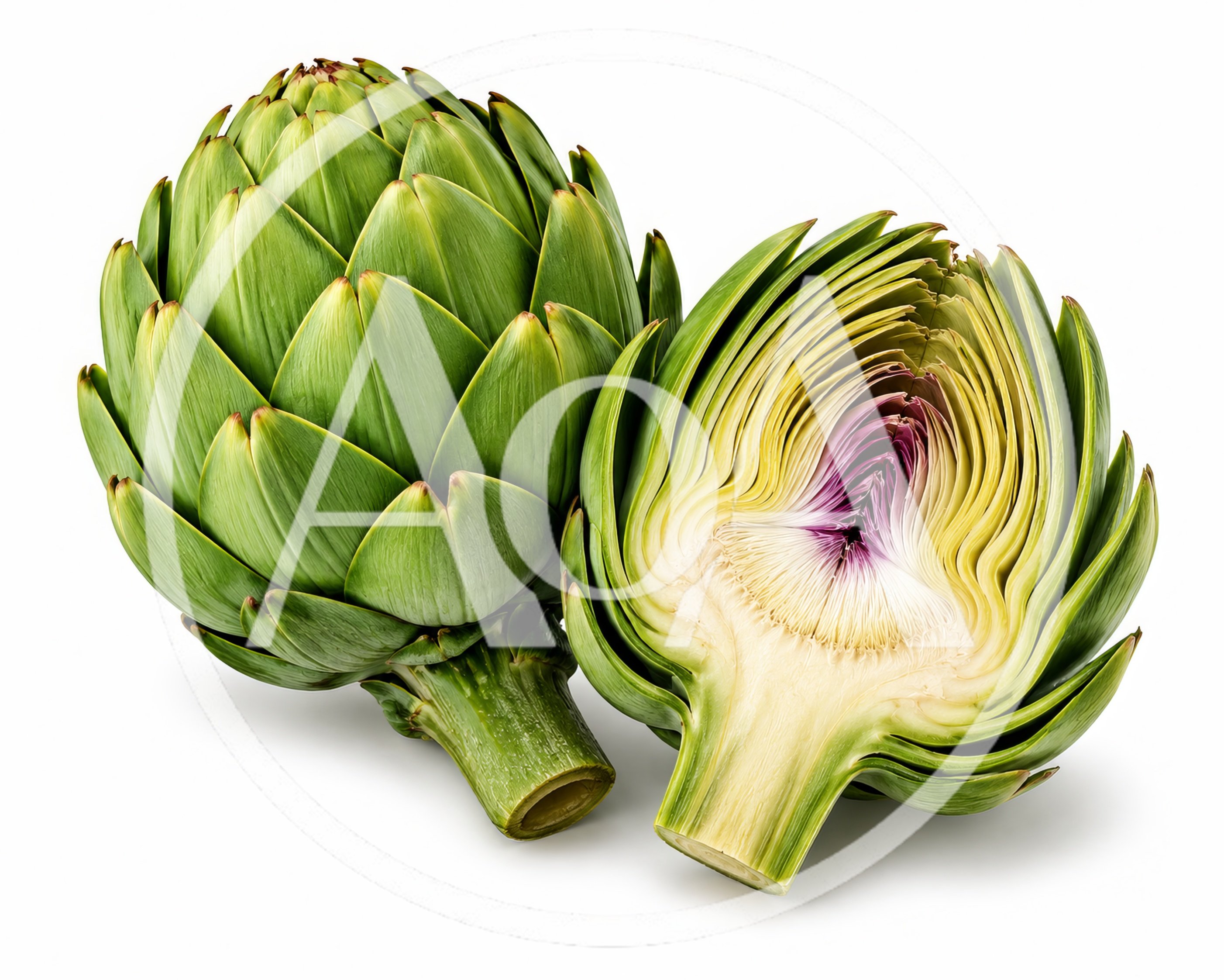 Whole And Halved Fresh Green Globe Artichokes
