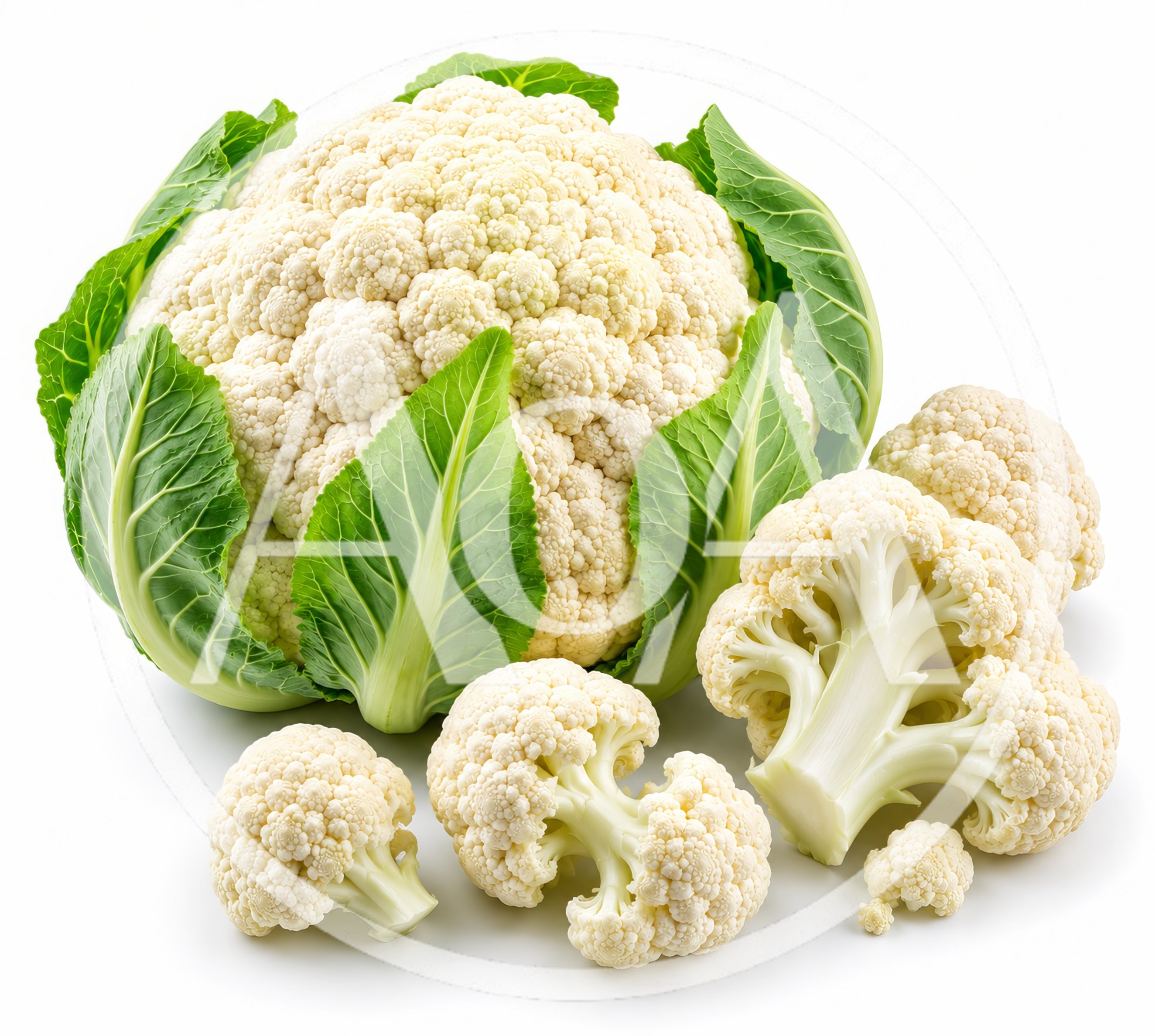 Fresh Cauliflower Head and Florets on White Background