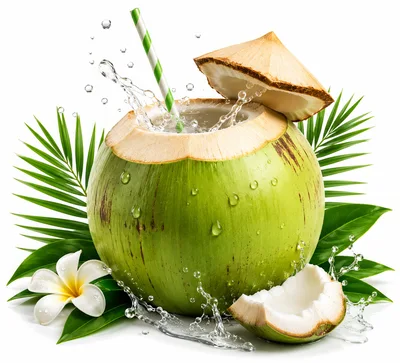 Fresh Green Coconut Drink With Straw And Tropical Leaves