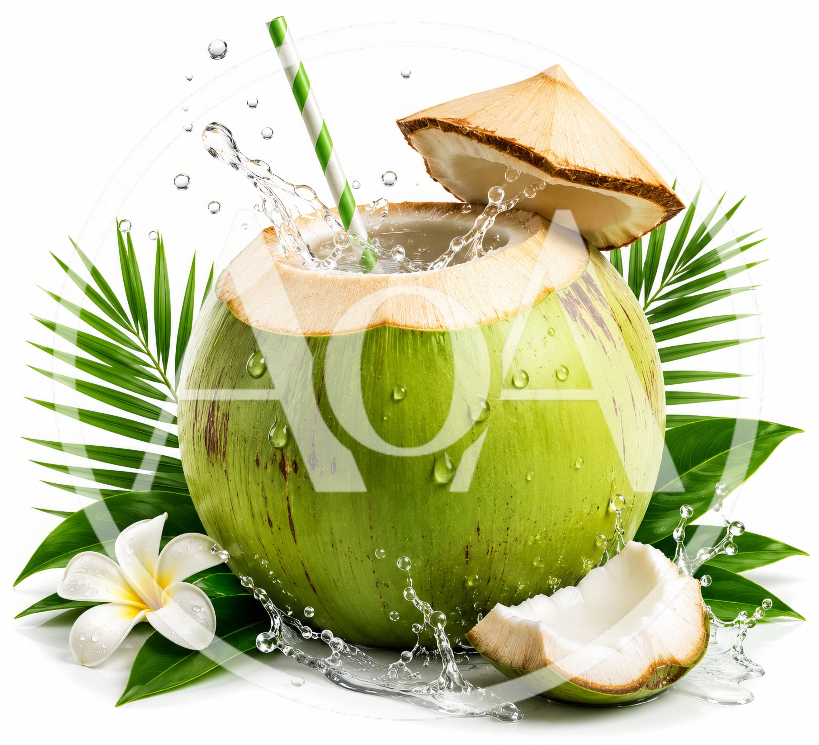 Fresh Green Coconut Drink With Straw And Tropical Leaves