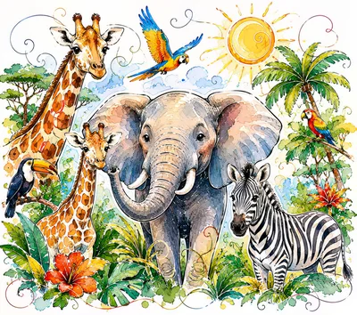 Whimsical Jungle Animals Illustration With Elephant And Giraffes