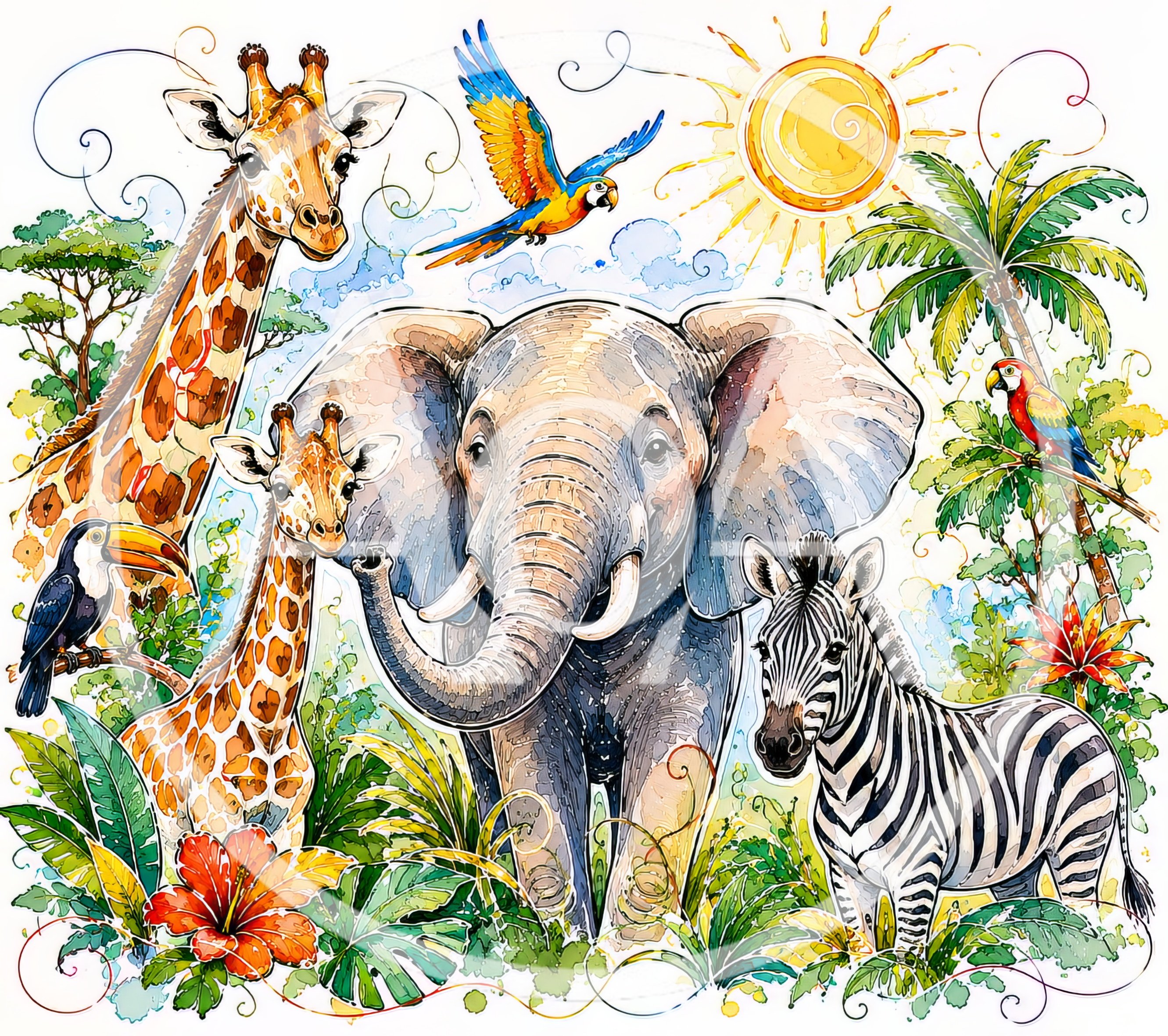Whimsical Jungle Animals Illustration With Elephant And Giraffes