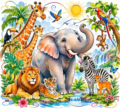 Cartoon Jungle Animals Gathering in Tropical Landscape