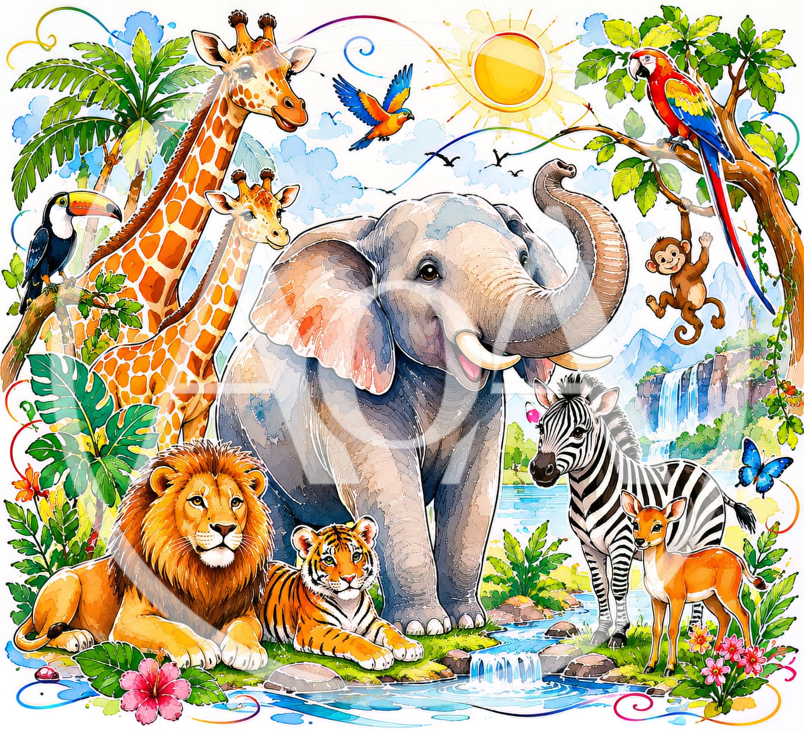 Cartoon Jungle Animals Gathering in Tropical Landscape