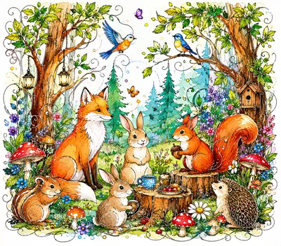 Whimsical Forest Animals Having A Woodland Tea Party