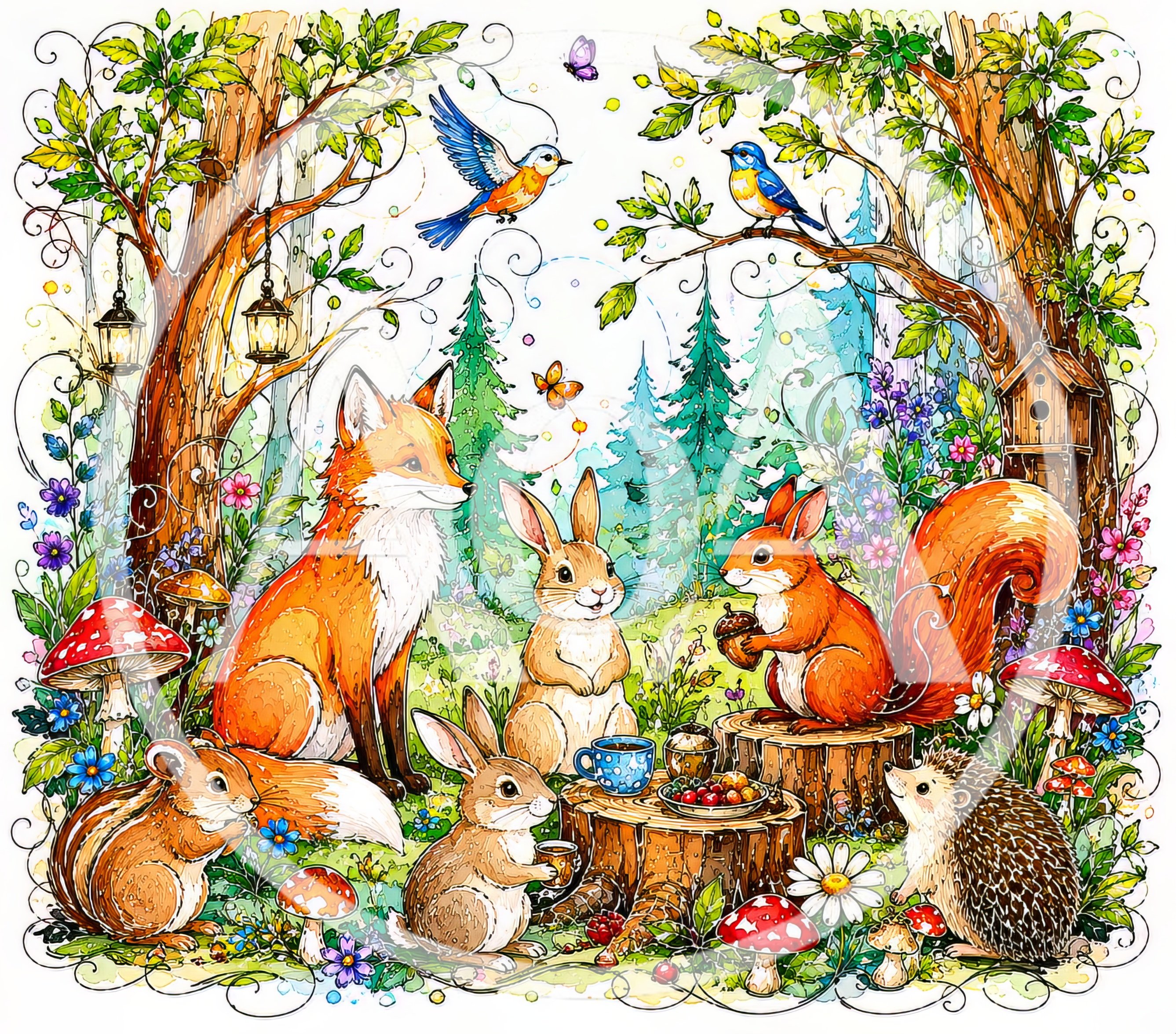 Whimsical Forest Animals Having A Woodland Tea Party