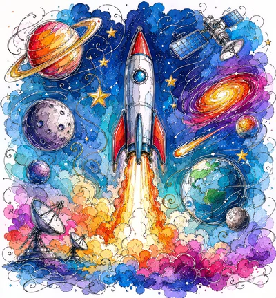 Watercolor Illustration Of A Rocket Launching Into Space