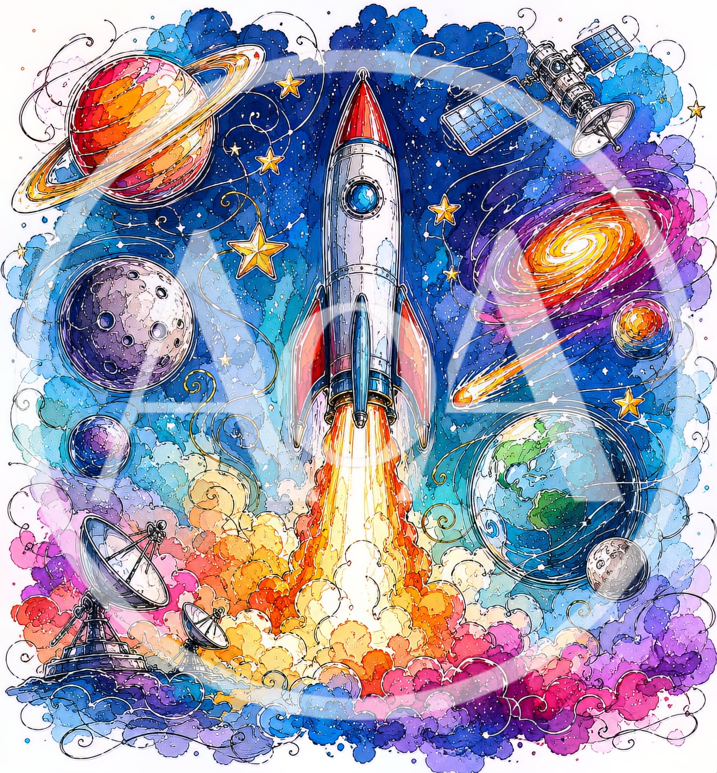 Watercolor Illustration Of A Rocket Launching Into Space