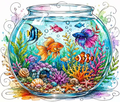 Colorful Tropical Fish Swimming In A Decorative Glass Bowl