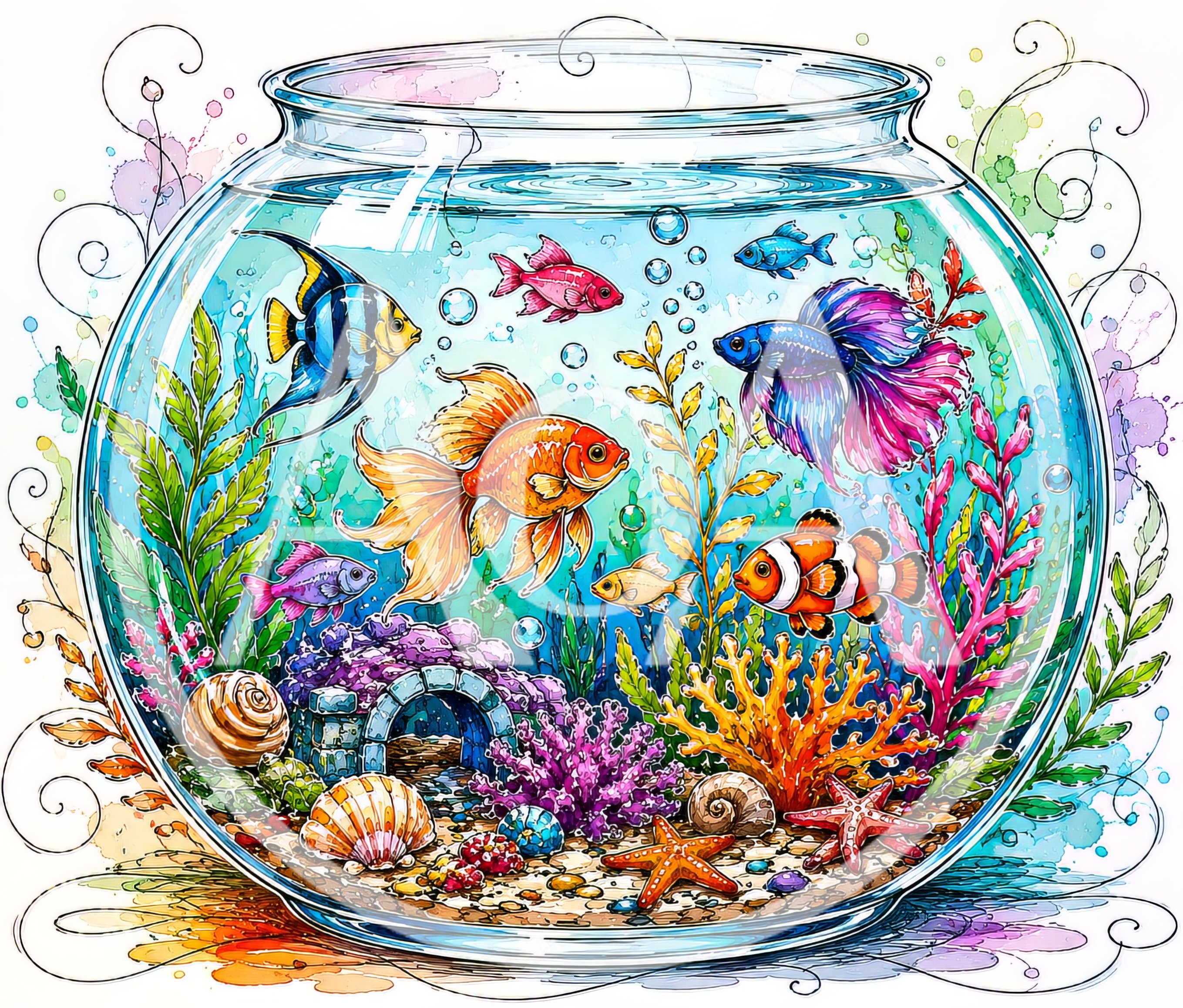 Colorful Tropical Fish Swimming In A Decorative Glass Bowl
