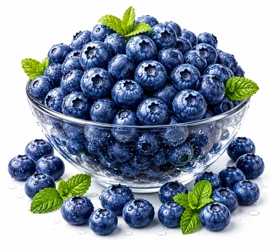 Fresh Blueberries in a Glass Bowl with Mint Leaves