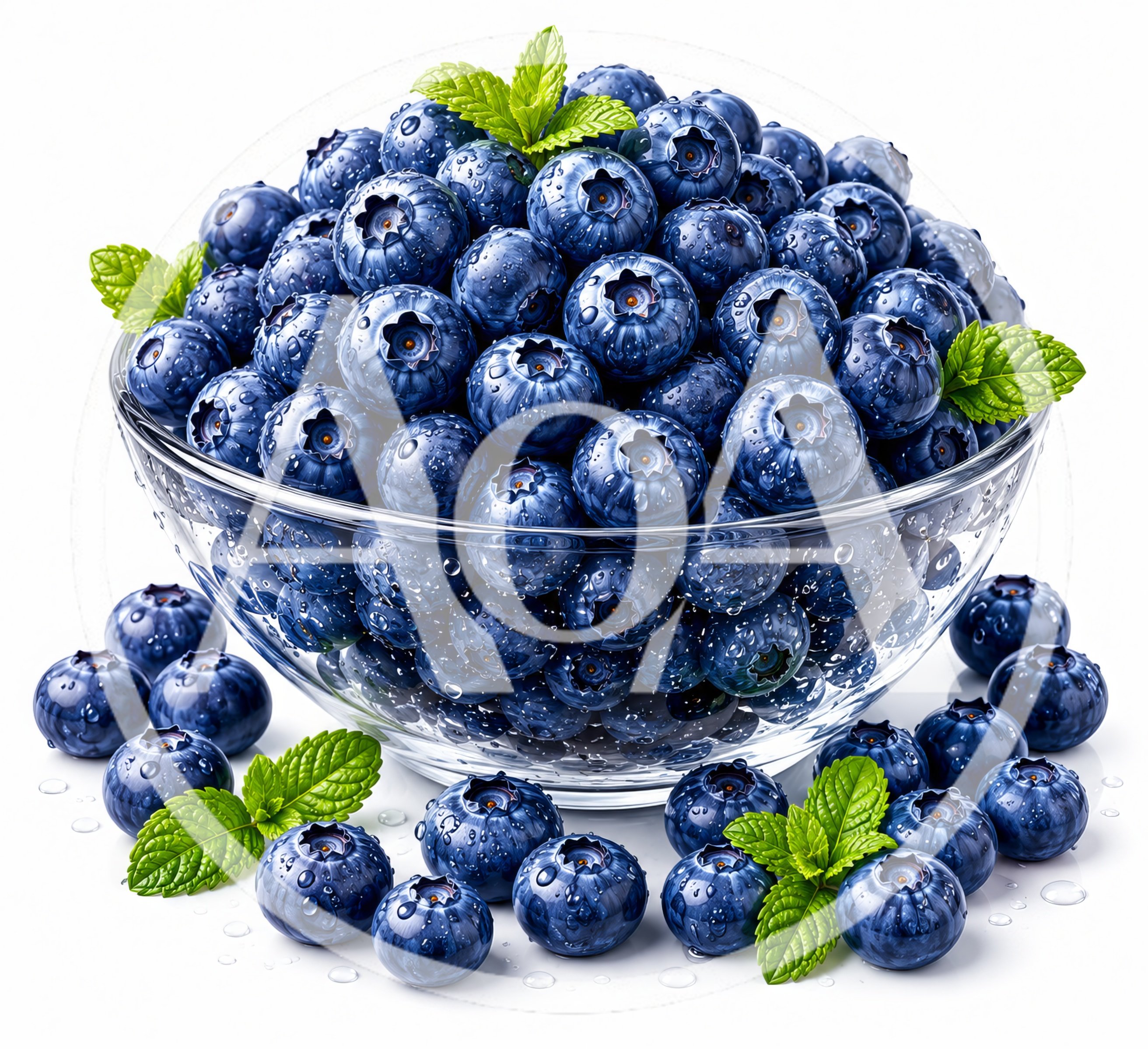 Fresh Blueberries in a Glass Bowl with Mint Leaves