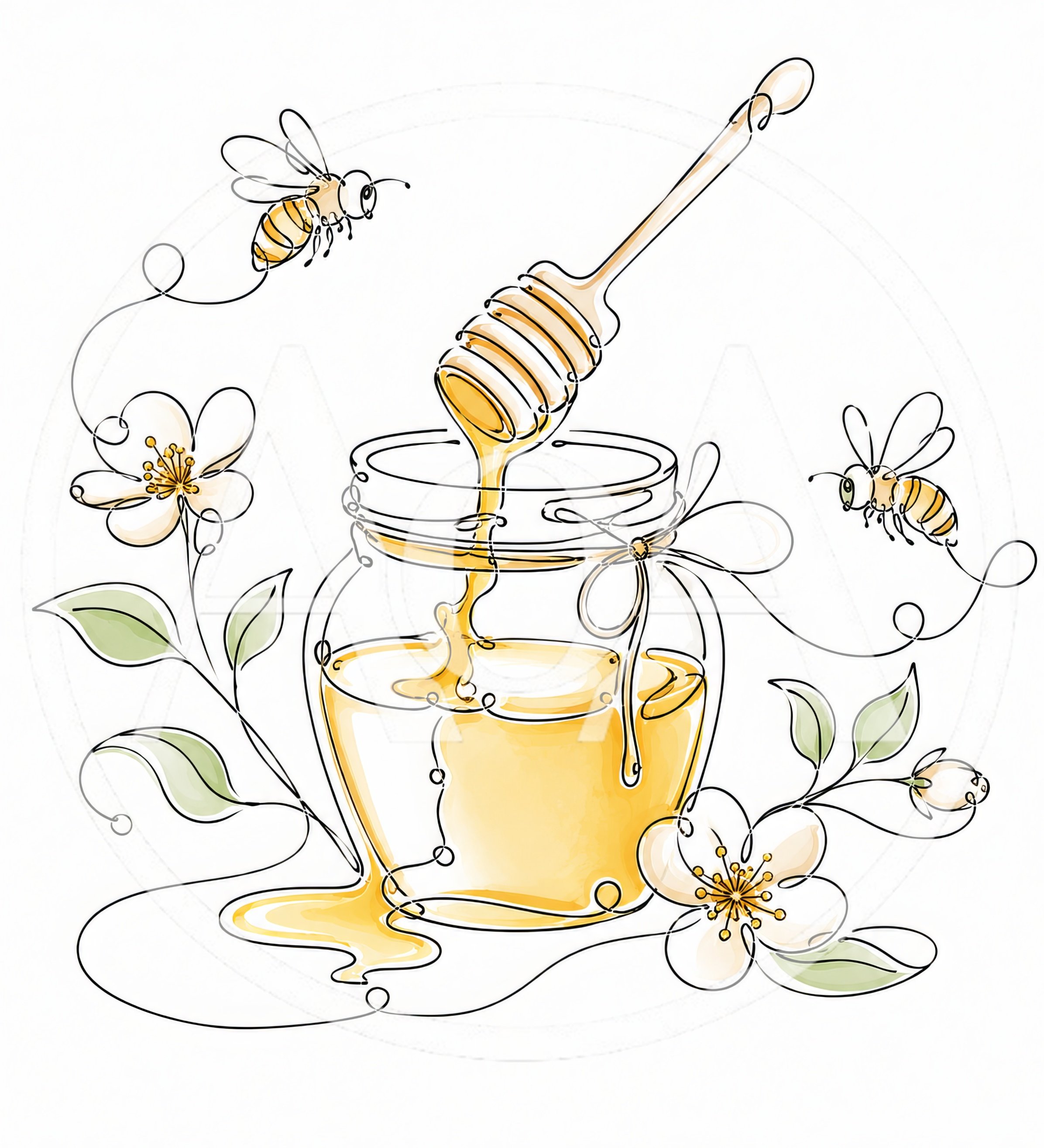 Honey Jar With Dipper And Bees Line Art Illustration
