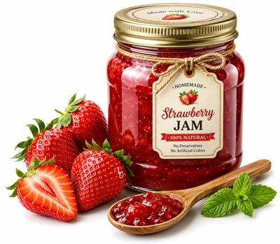 Glass Jar Of Homemade Strawberry Jam With Fresh Fruit