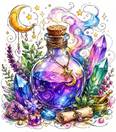 Magical Potion Bottle With Crystals And Celestial Elements