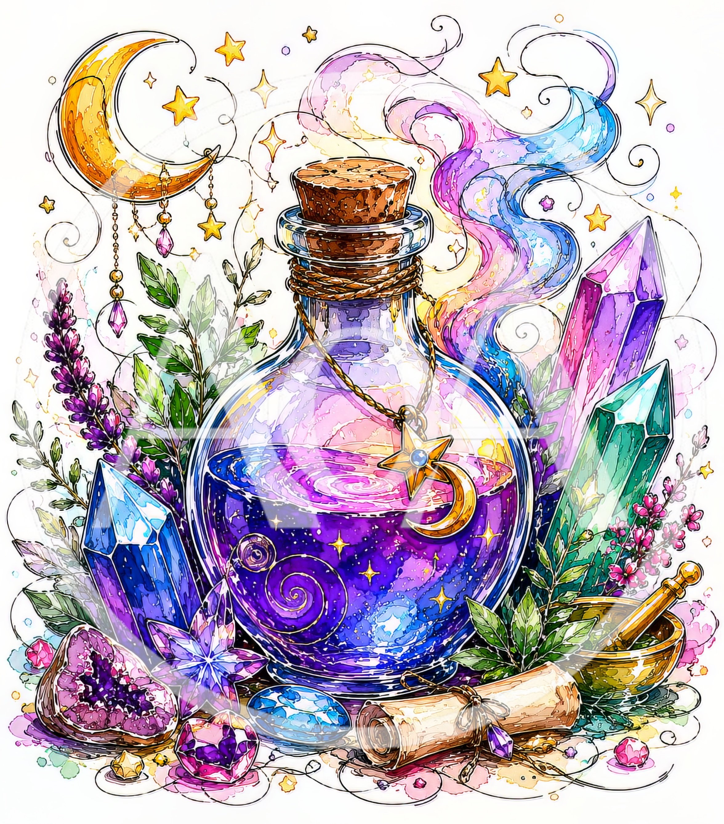 Magical Potion Bottle With Crystals And Celestial Elements