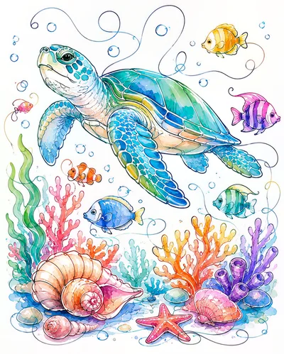 Watercolor Illustration Of A Sea Turtle And Coral Reef
