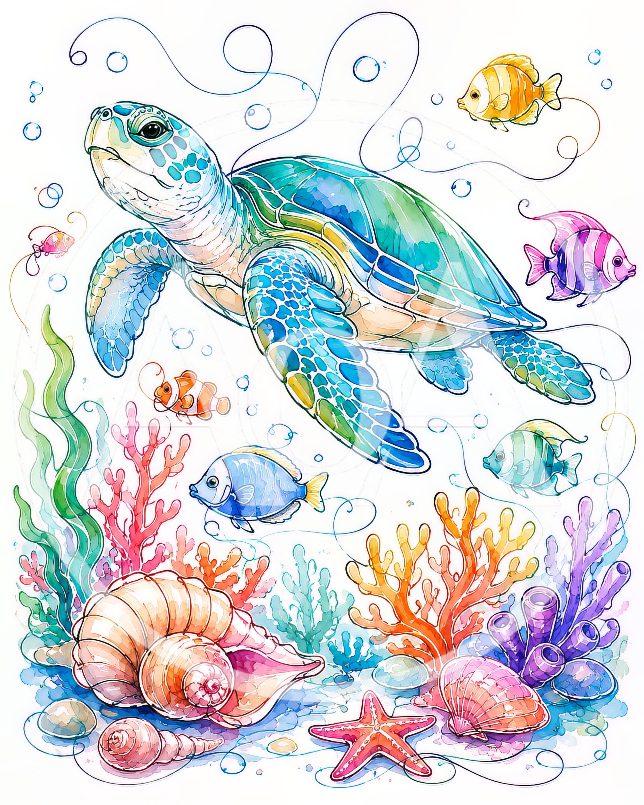 Watercolor Illustration Of A Sea Turtle And Coral Reef