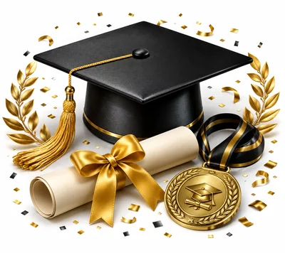 Graduation Cap Diploma and Gold Medal Celebration