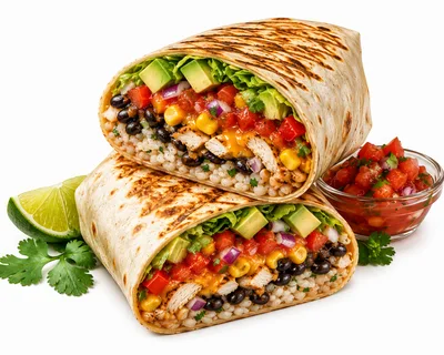 Two Halves Of A Grilled Chicken Burrito