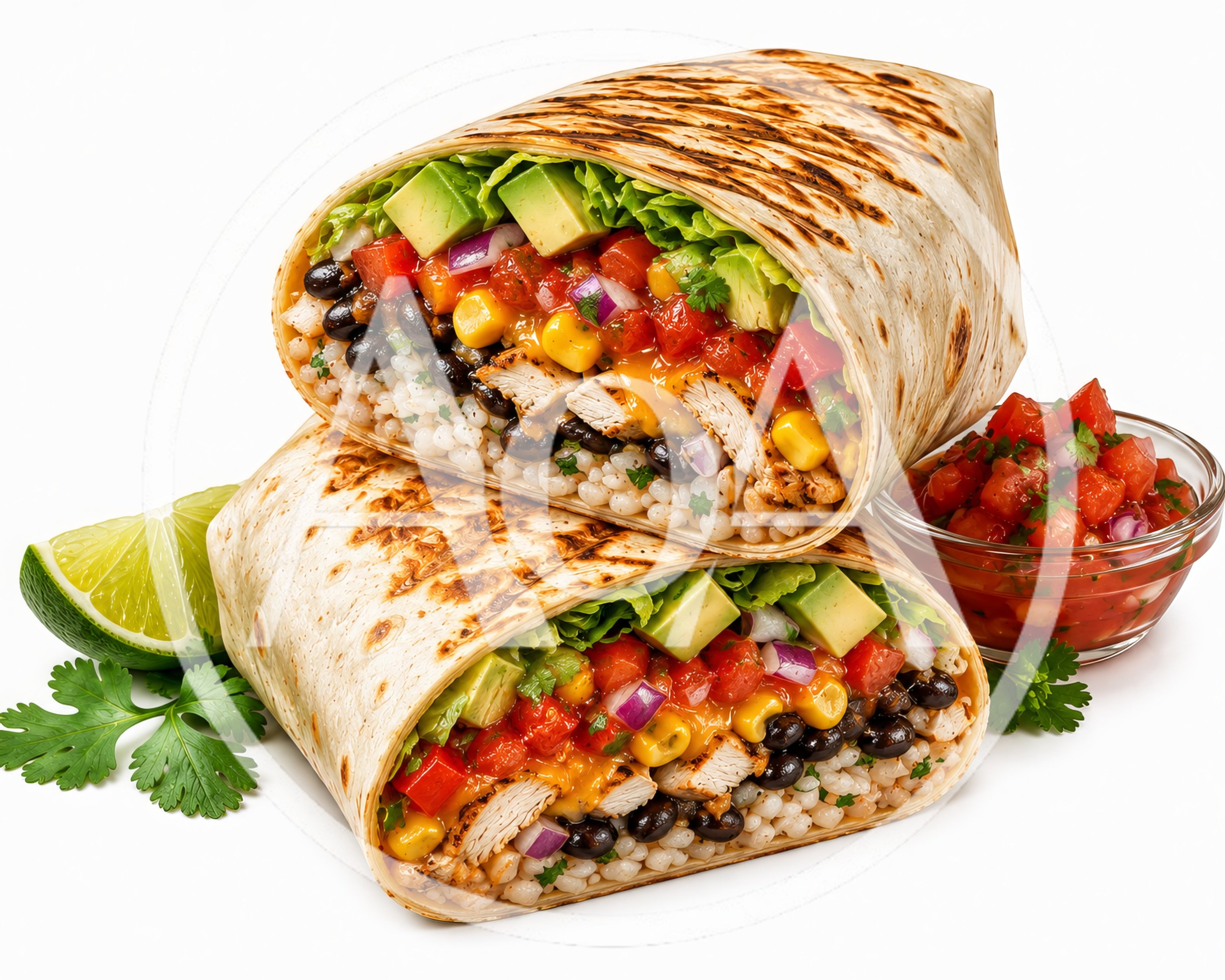 Two Halves Of A Grilled Chicken Burrito