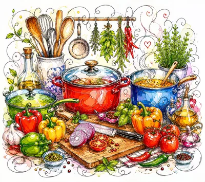 Watercolor Illustration of Fresh Cooking Ingredients and Kitchenware