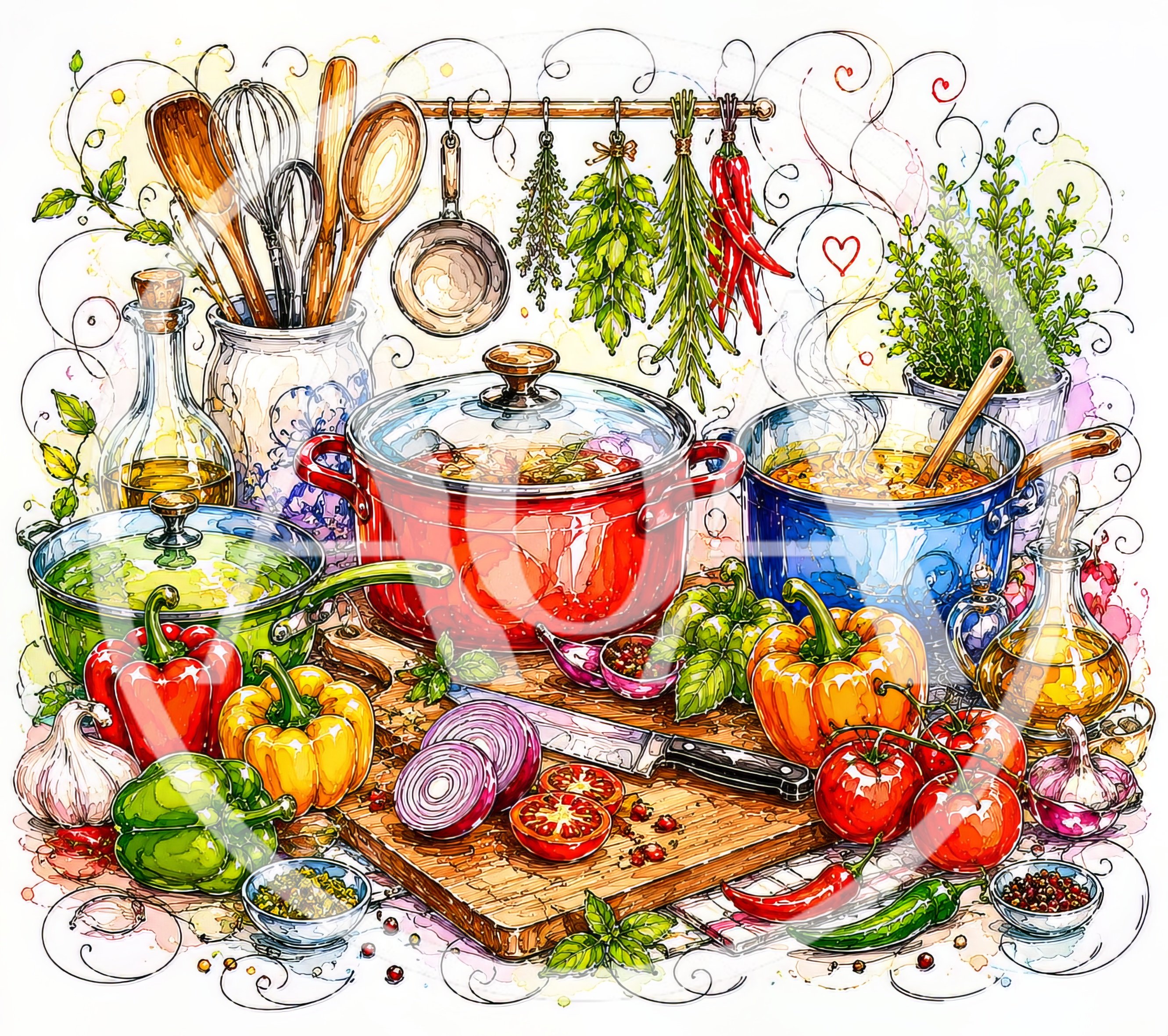 Watercolor Illustration of Fresh Cooking Ingredients and Kitchenware