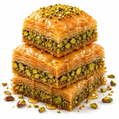 Stack Of Pistachio Baklava Drizzled With Honey
