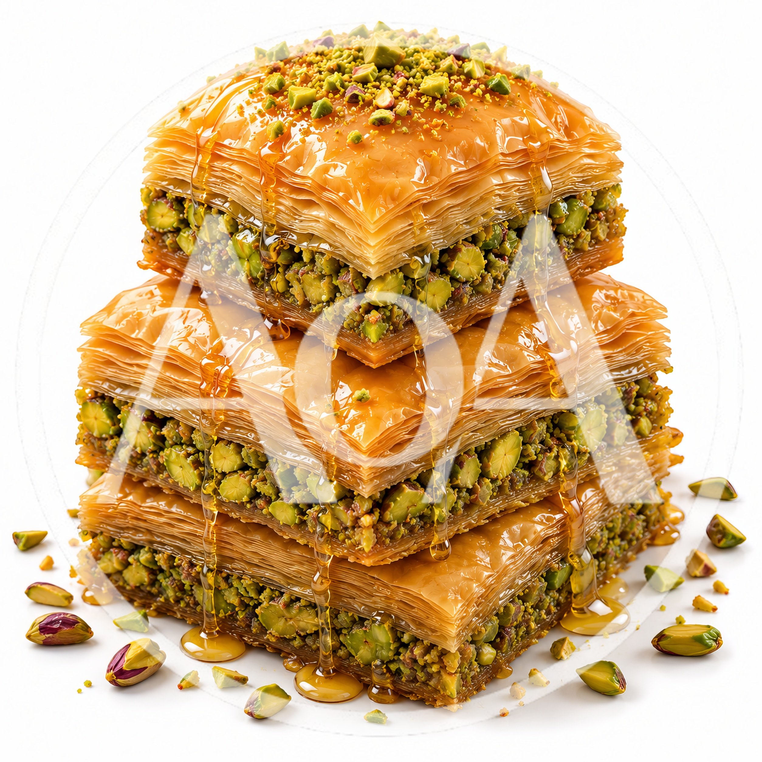 Stack Of Pistachio Baklava Drizzled With Honey