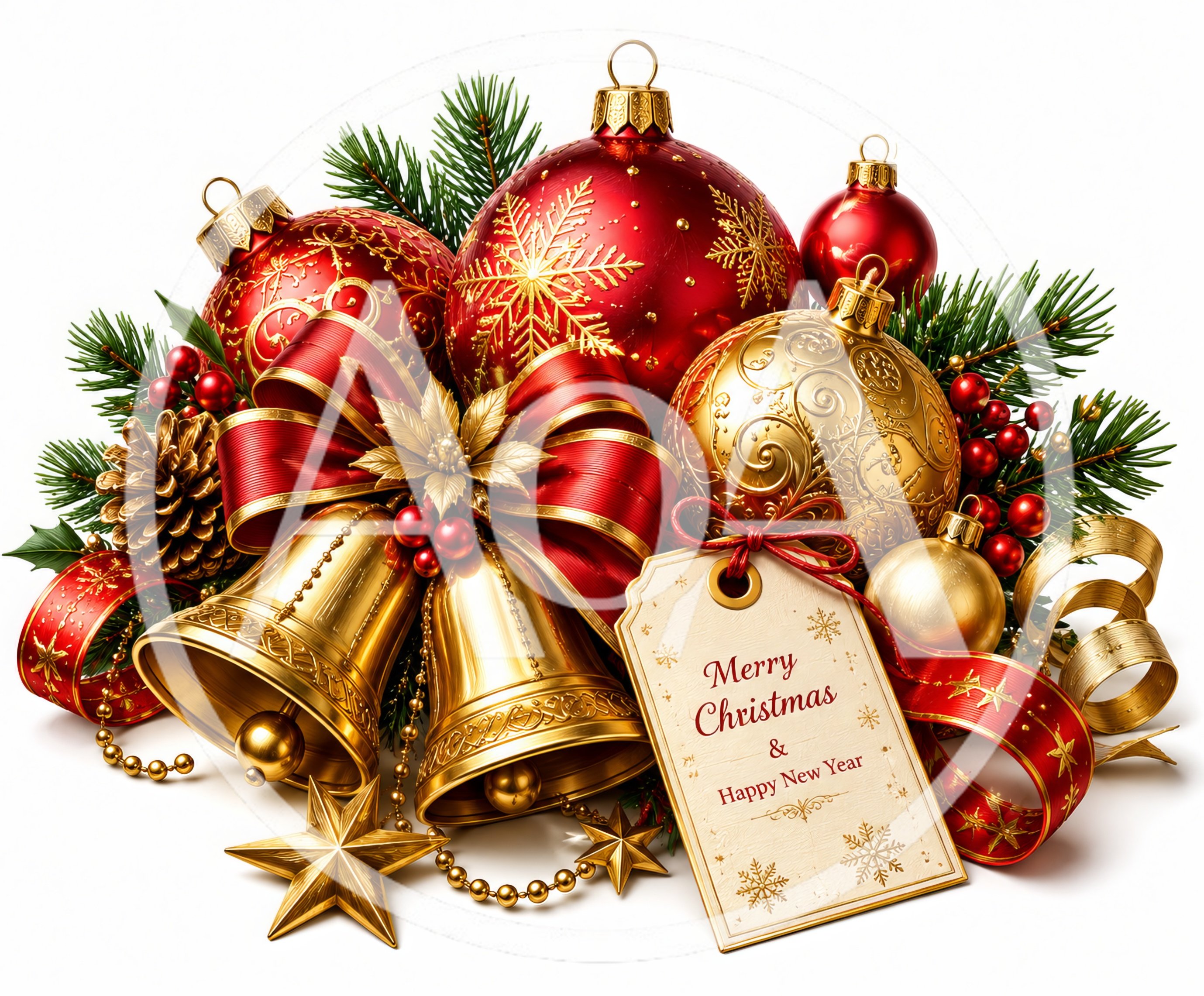 Festive Christmas Ornament Arrangement With Bells And Tag