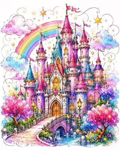 Whimsical Fairy Tale Castle With Rainbow And Cherry Blossoms