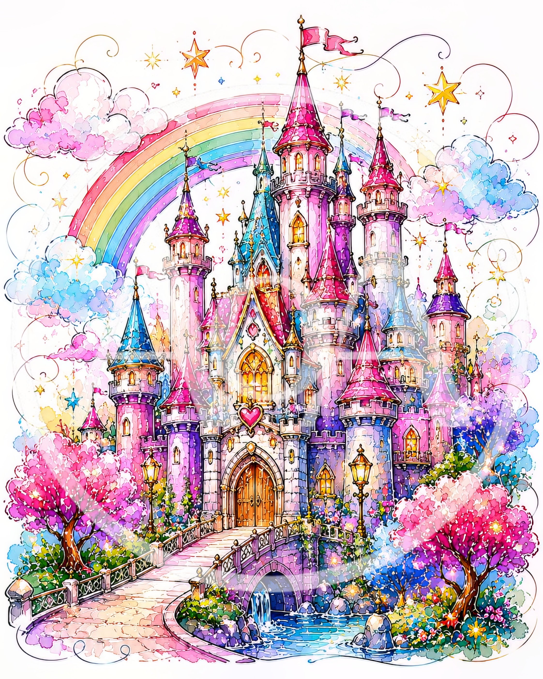 Whimsical Fairy Tale Castle With Rainbow And Cherry Blossoms