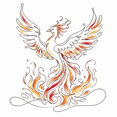 Stylized Phoenix Bird Rising From Flames Line Art