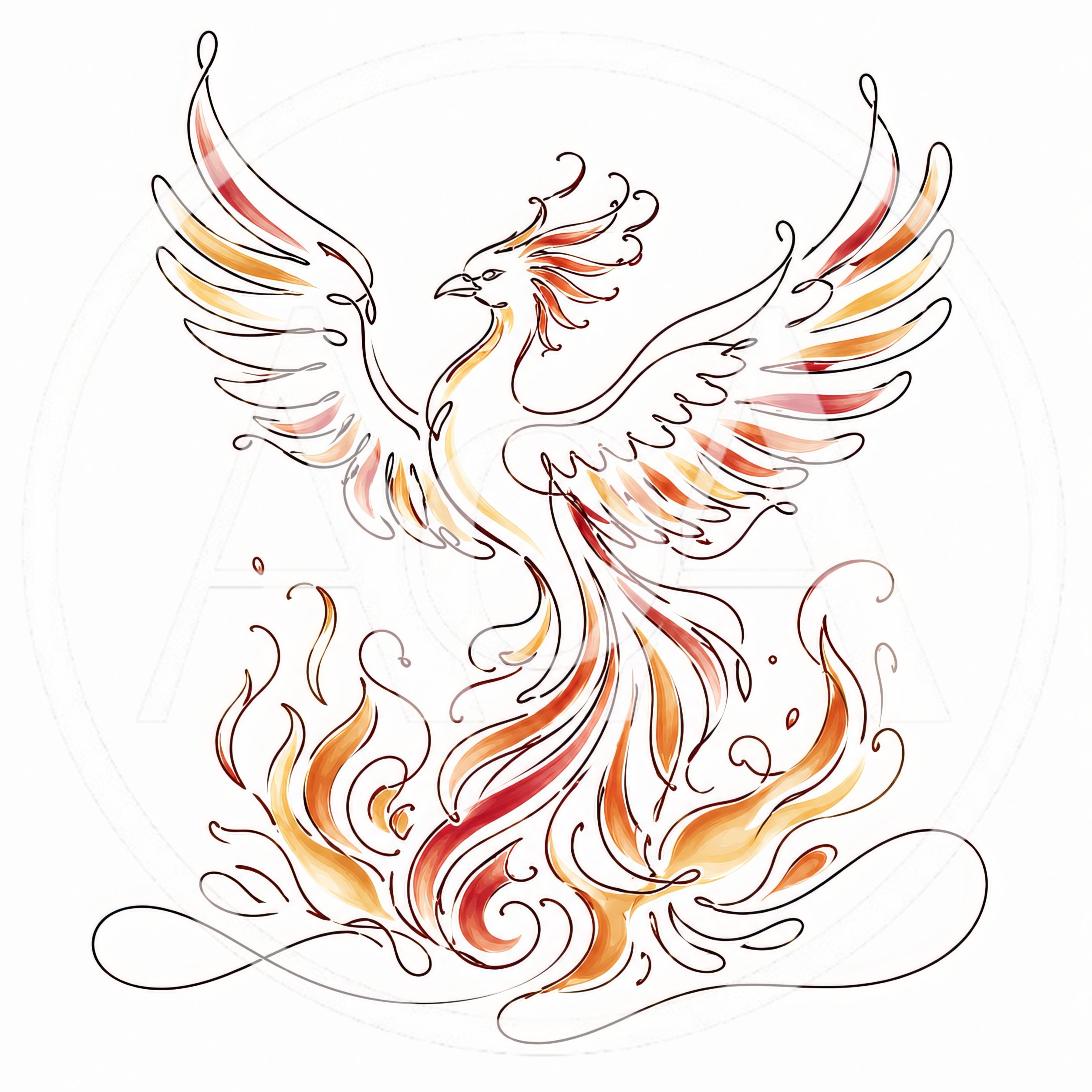 Stylized Phoenix Bird Rising From Flames Line Art