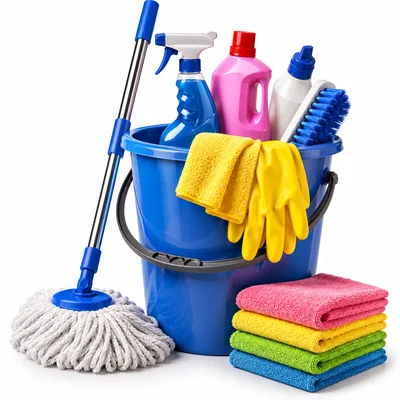 Cleaning Supplies Bucket With Mop And Colorful Cloths