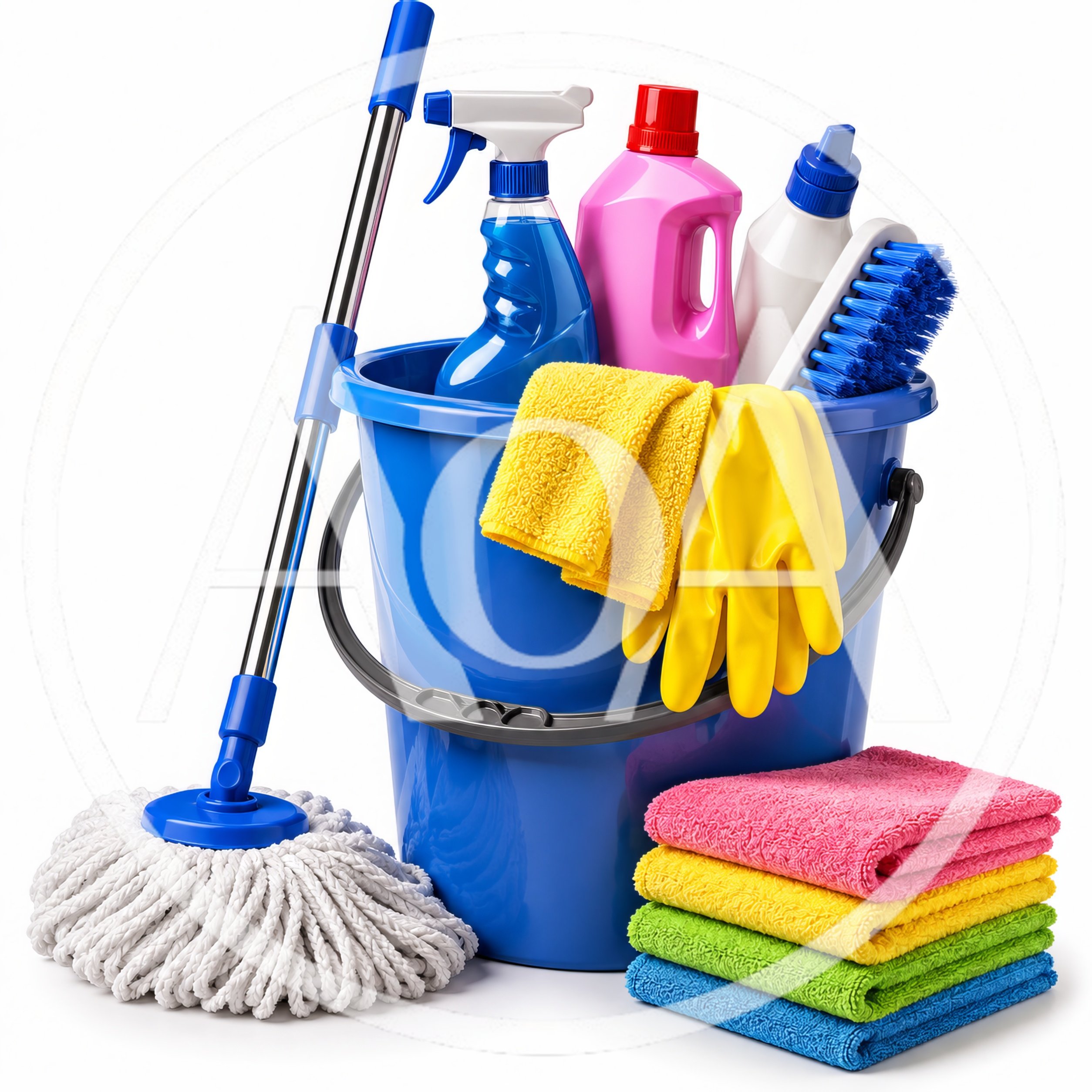 Cleaning Supplies Bucket With Mop And Colorful Cloths