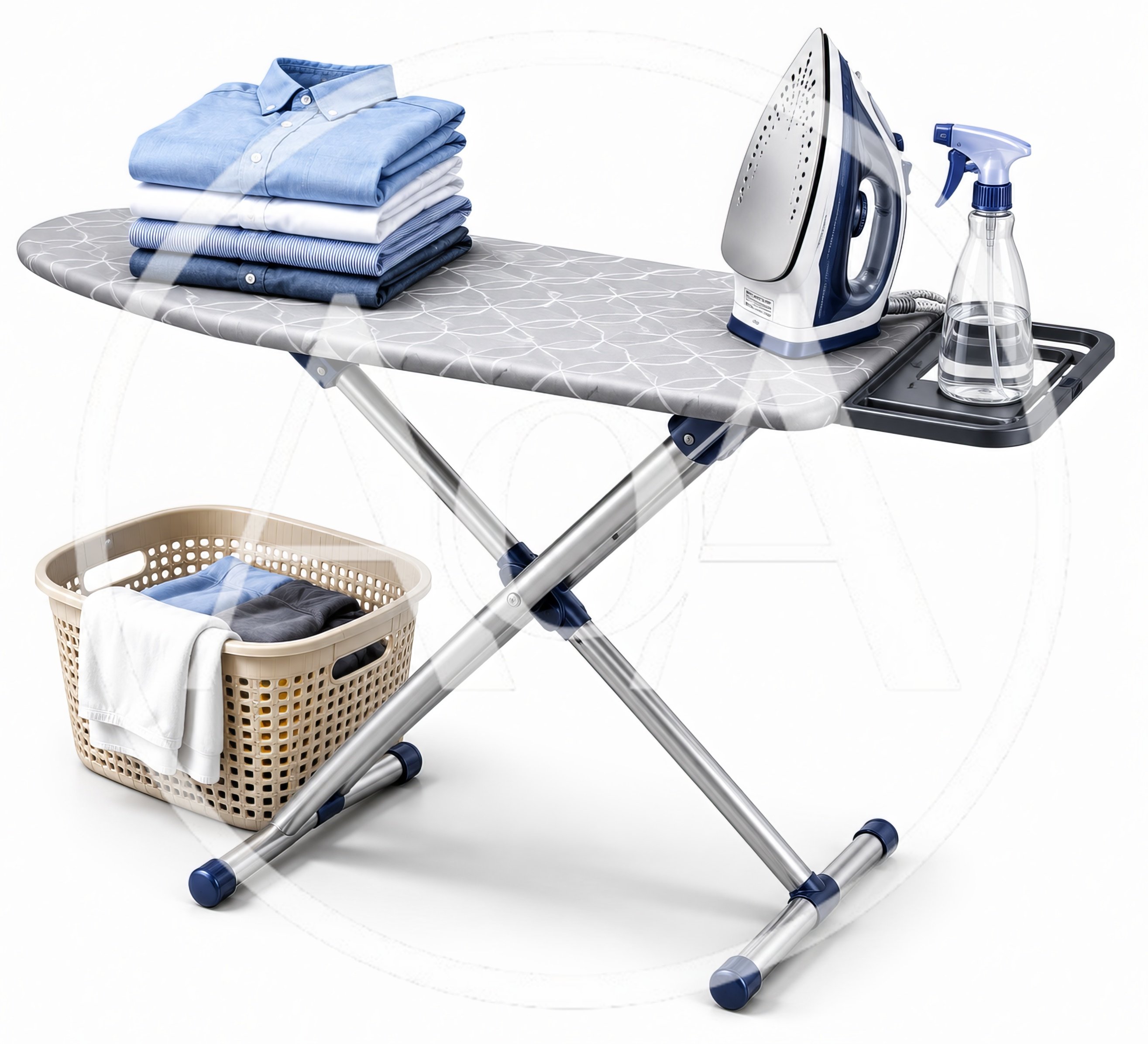 Ironing Board With Folded Shirts And Laundry Basket