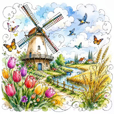 Watercolor Illustration of a Dutch Windmill Landscape