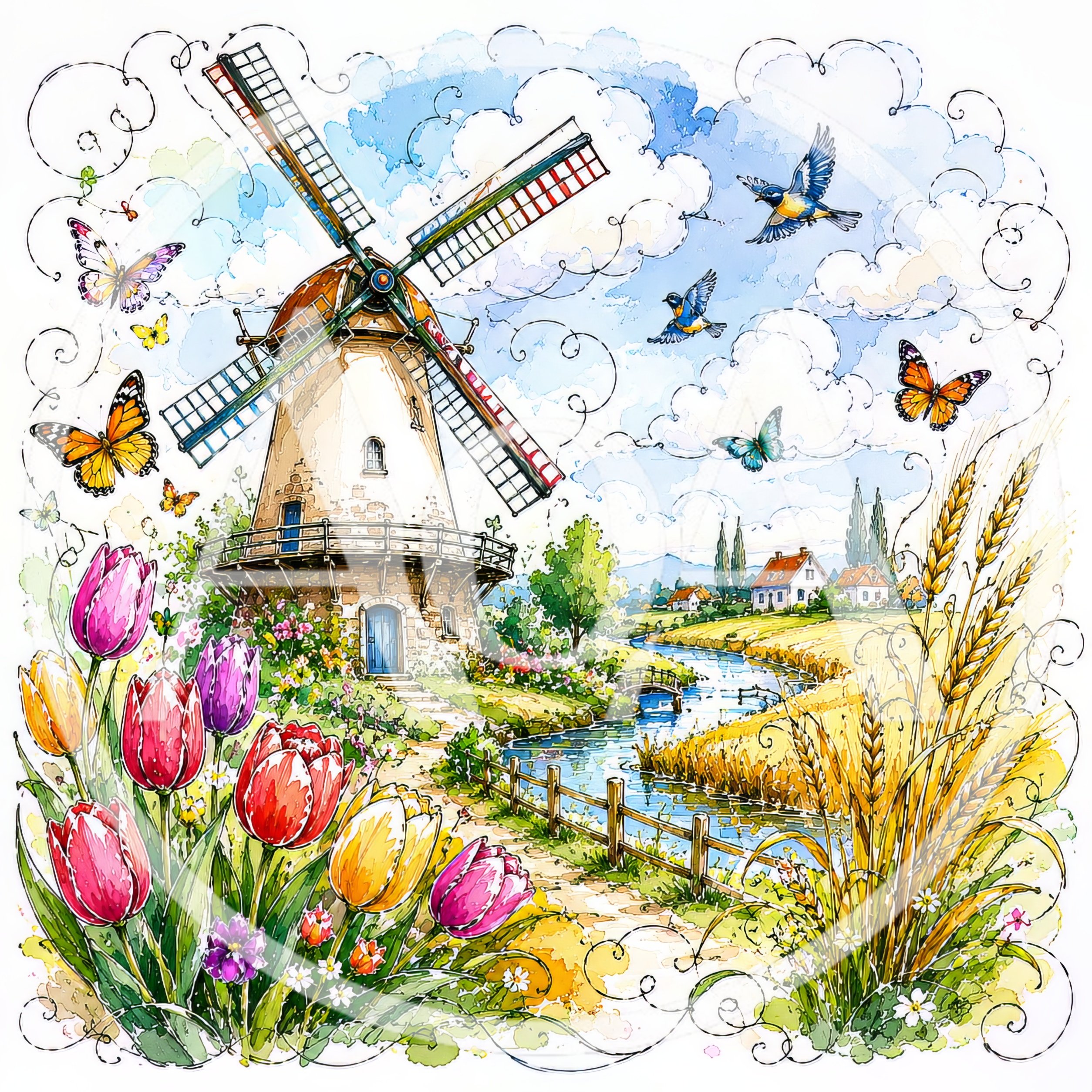 Watercolor Illustration of a Dutch Windmill Landscape