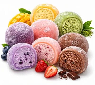 Assorted Flavors Of Mochi Ice Cream On White Background