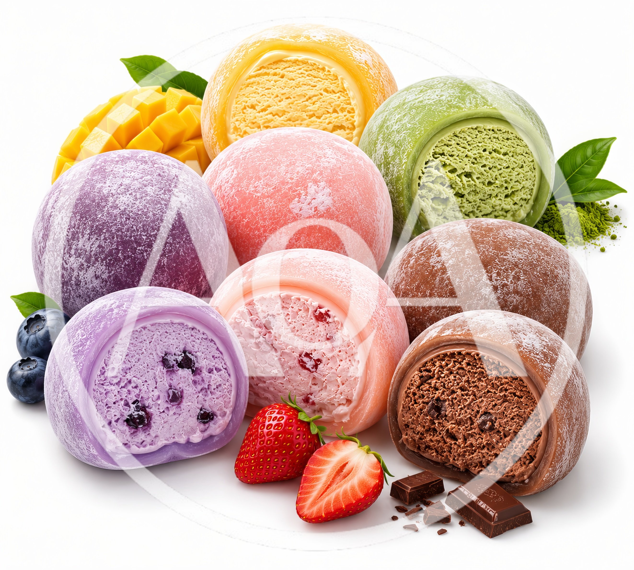 Assorted Flavors Of Mochi Ice Cream On White Background