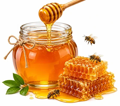 Honey Jar With Honeycomb And Flying Bees