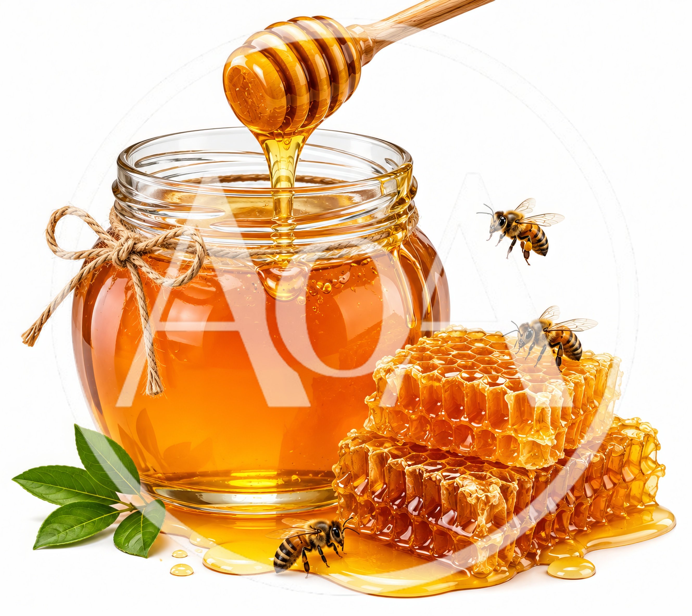 Honey Jar With Honeycomb And Flying Bees