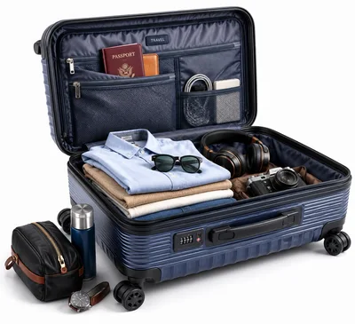 Open Suitcase Packed With Travel Essentials