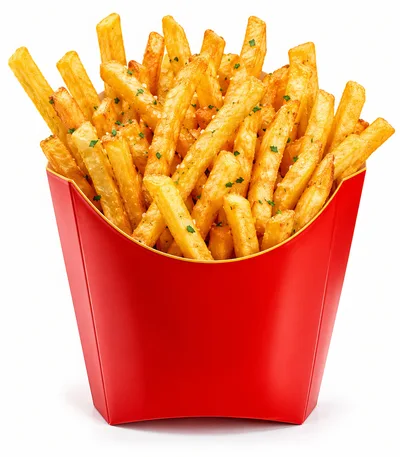 Golden Crispy French Fries In Red Paper Carton