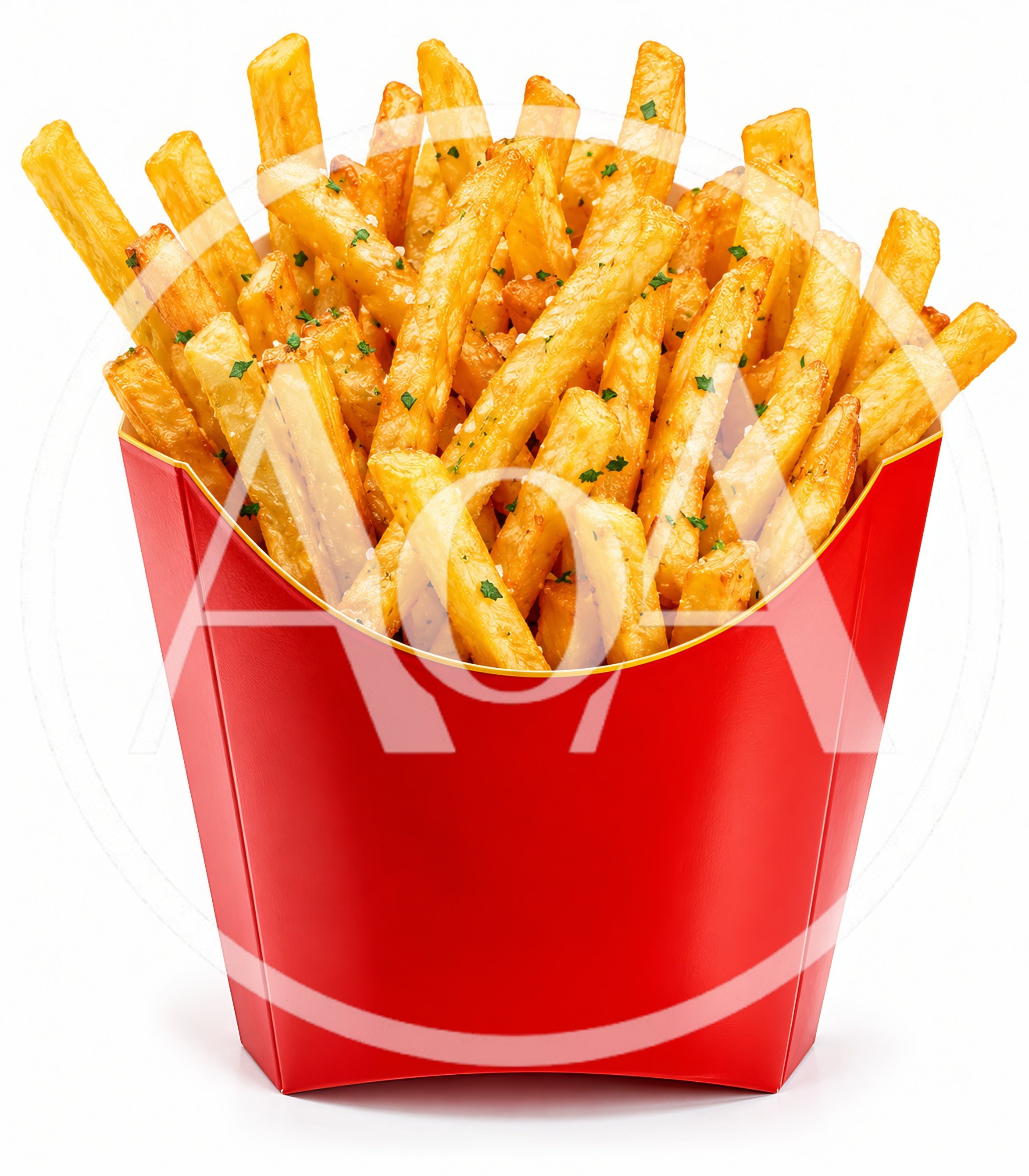 Golden Crispy French Fries In Red Paper Carton
