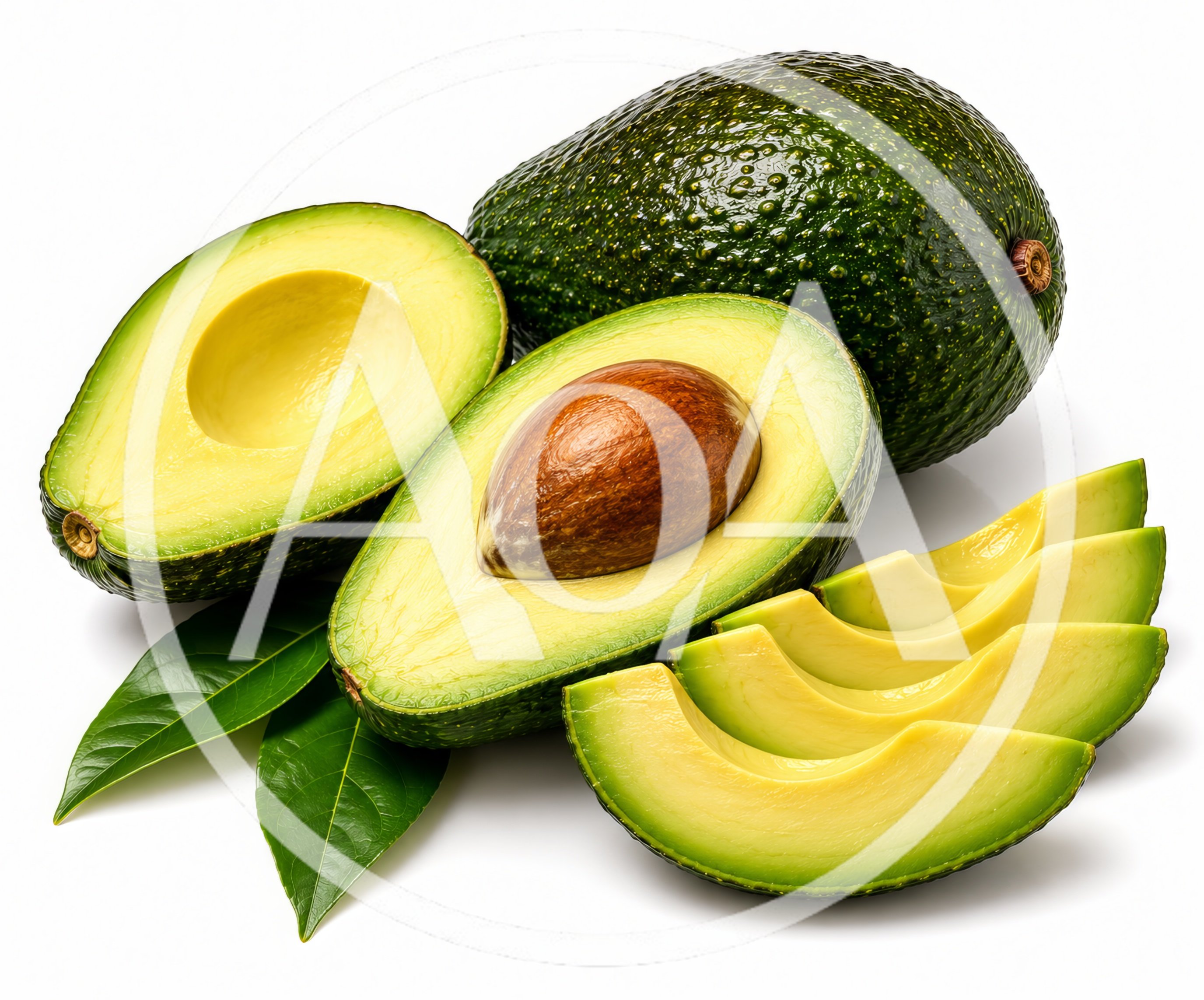 Fresh Whole And Sliced Avocados With Green Leaves
